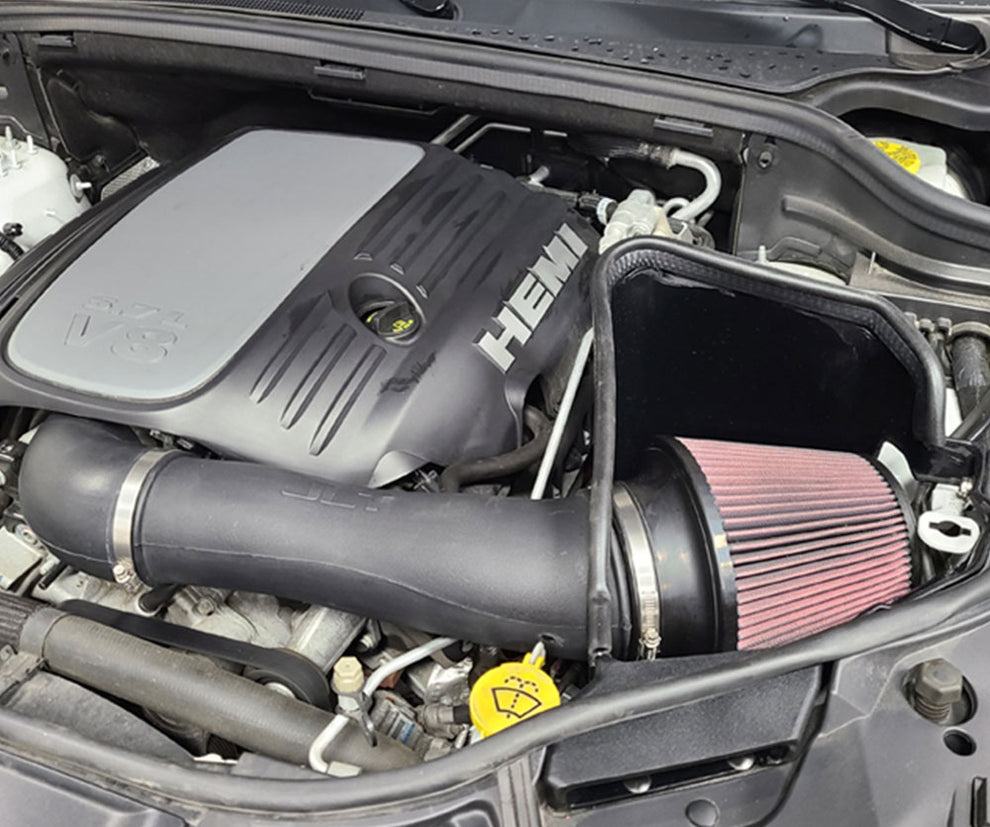 JLT cold air intake with red filter installed in Jeep Grand Cherokee 5.7L