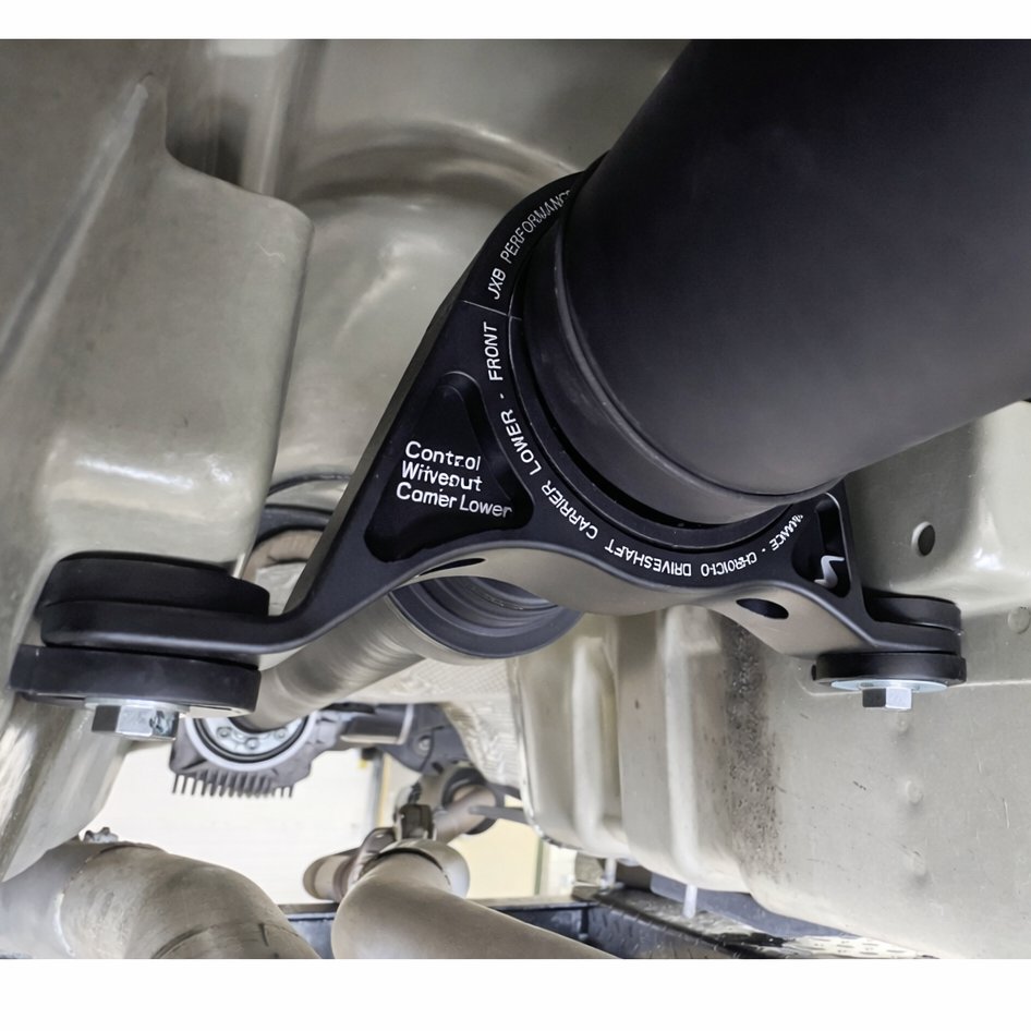 JXB Performance driveshaft carrier upgrade installed on Dodge Challenger undercarriage