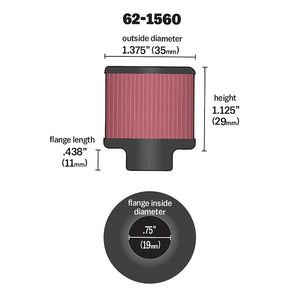 K&N 0.75 inch ID 1.375 inch OD 1.125 inch H Clamp On Crankcase Vent Filter - K&N Engineering KNN62-1560