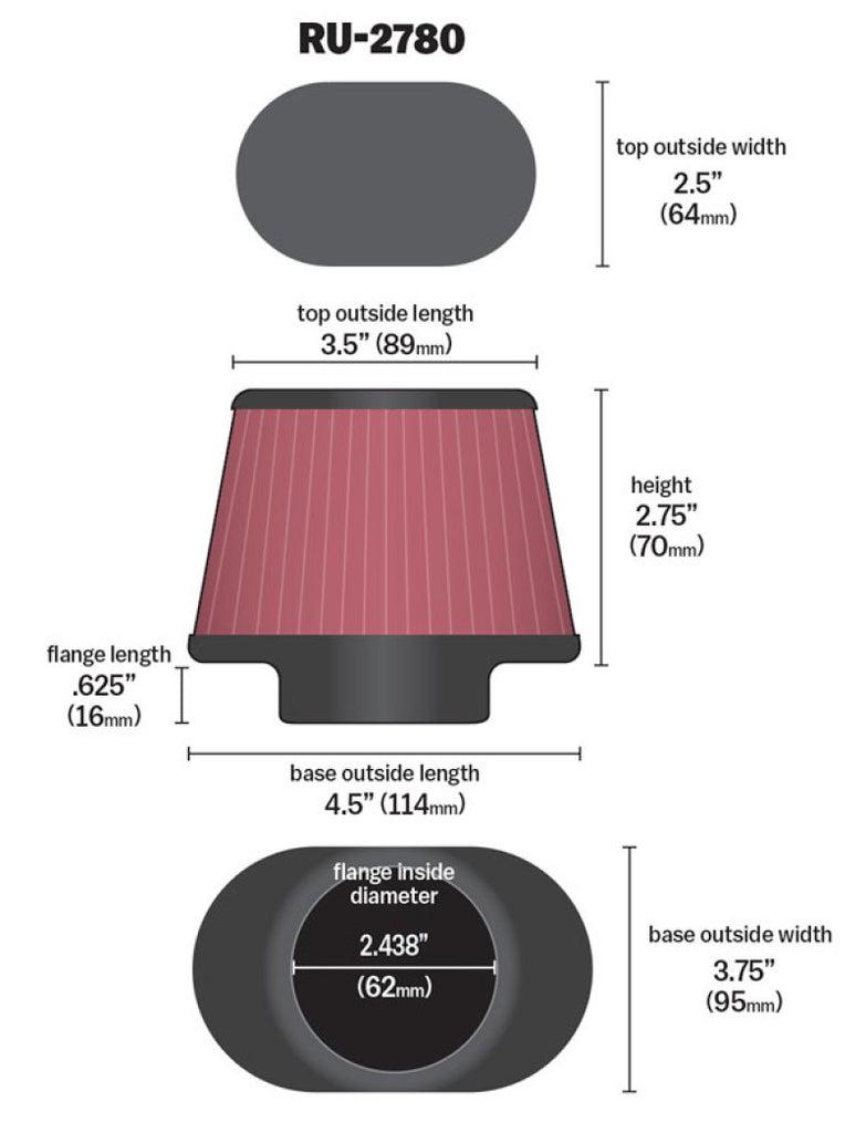 K&N Filter Universal Rubber Filter 2 7/16 inch Flange 4.5x3.75 inch Base 3.5x2.5 inch Top 2.75 inch - K&N Engineering KNNRU-2