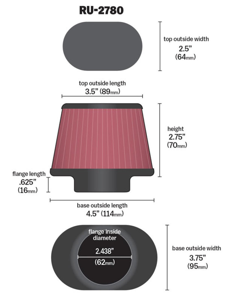 K&N Filter Universal Rubber Filter 2 7/16 inch Flange 4.5x3.75 inch Base 3.5x2.5 inch Top 2.75 inch - K&N Engineering KNNRU-2