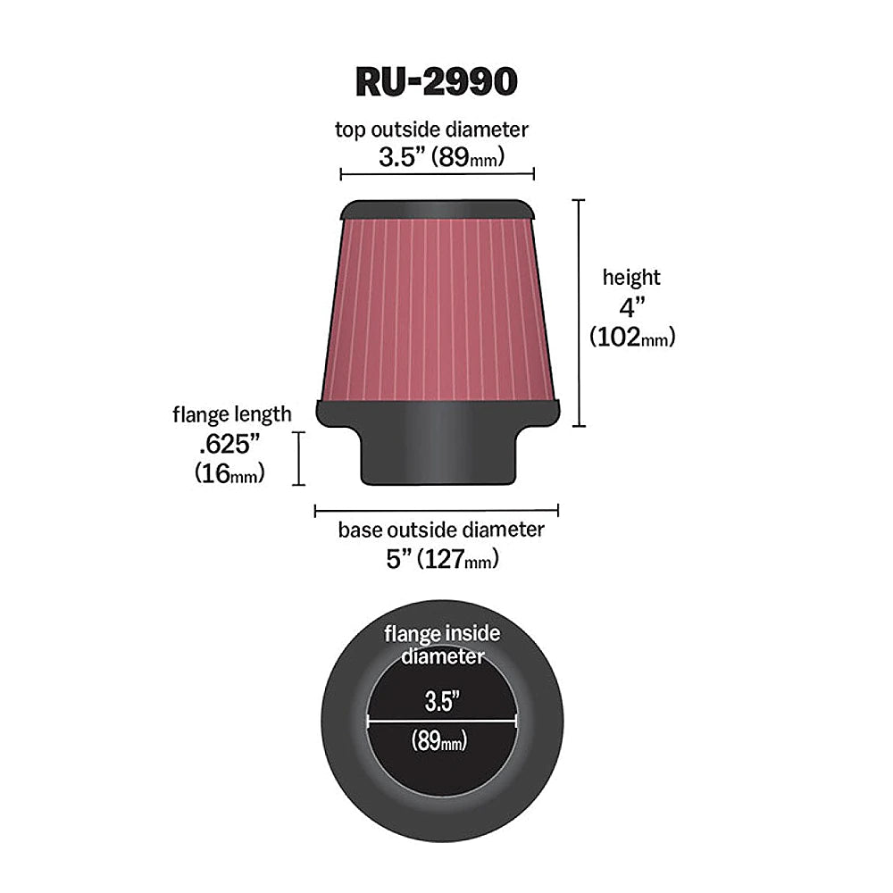 K&N Filter Universal Rubber Filter 3 1/2 inch Flange 5 inch Base 3 1/2 inch Top 4 inch Height - K&N Engineering KNNRU-2990