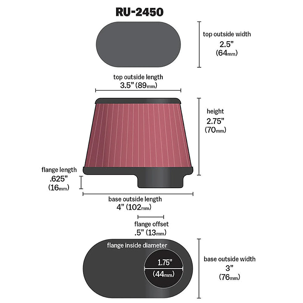 K&N Univ Clamp-On Air Filter - 1-3/4in FLG O/S 4in X 3in B 3in X 2in T 2-3/4inH OVAL - K&N Engineering KNNRU-2450