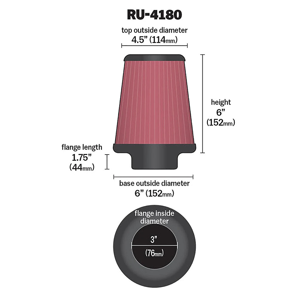 K&N Universal Clamp-On Air Filter 3in FLG / 6in B / 4-1/2in T / 6in H - K&N Engineering KNNRU-4180