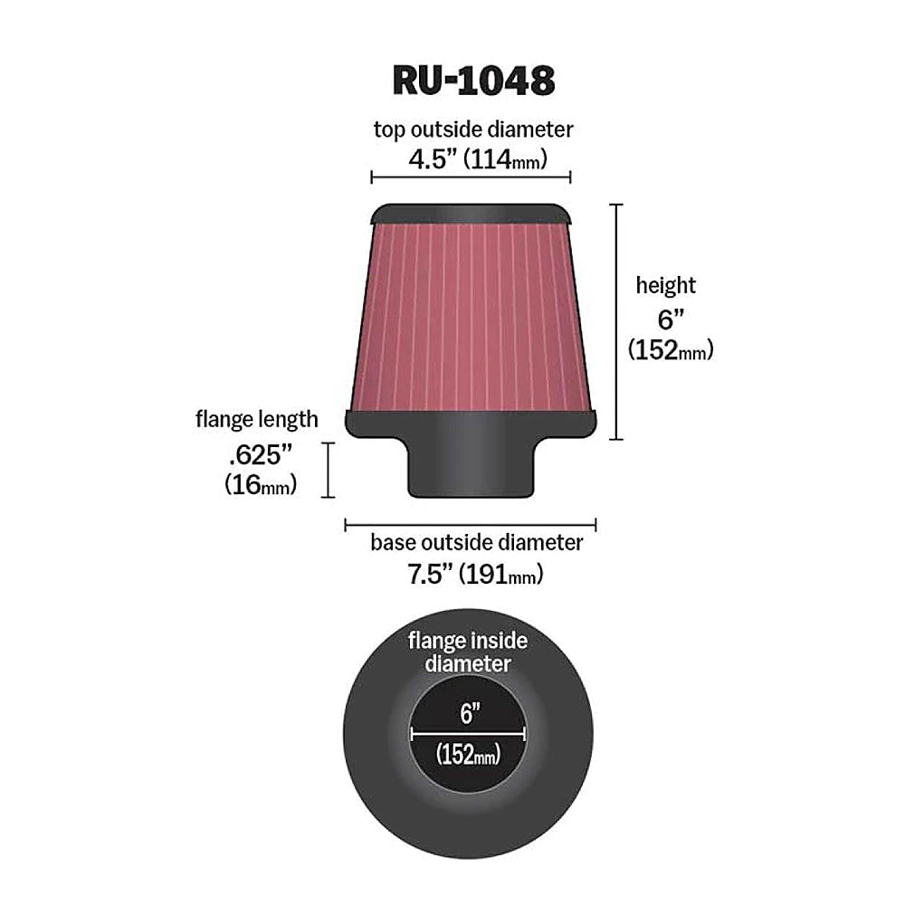 K&N Universal Clamp-On Air Filter 6in Flange / 7-1/2in Base / 4-1/2in Top / 6in Height - K&N Engineering KNNRU-1048