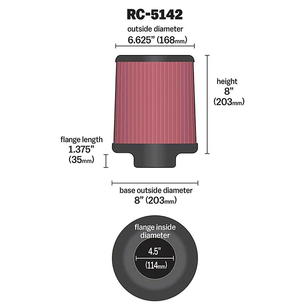 K&N Universal Clamp-On Air Filter inch FLG 4.5inch Base 4 inch Top 4-1/2in FLG 8in Base - K&N Engineering KNNRC-5142
