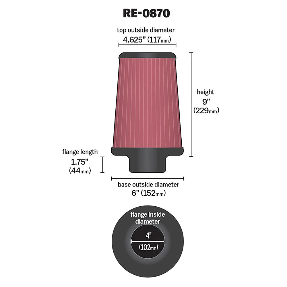 K&N Universal Rubber Filter 4inch FLG / 6inch OD-B / 4-5/8inch OD-T / 9inch H - K&N Engineering KNNRE-0870
