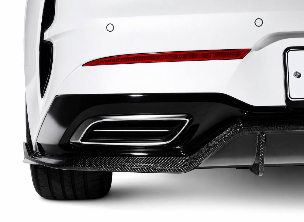 Rear corner view of Kia K5 carbon fiber diffuser with aggressive aerodynamic strakes