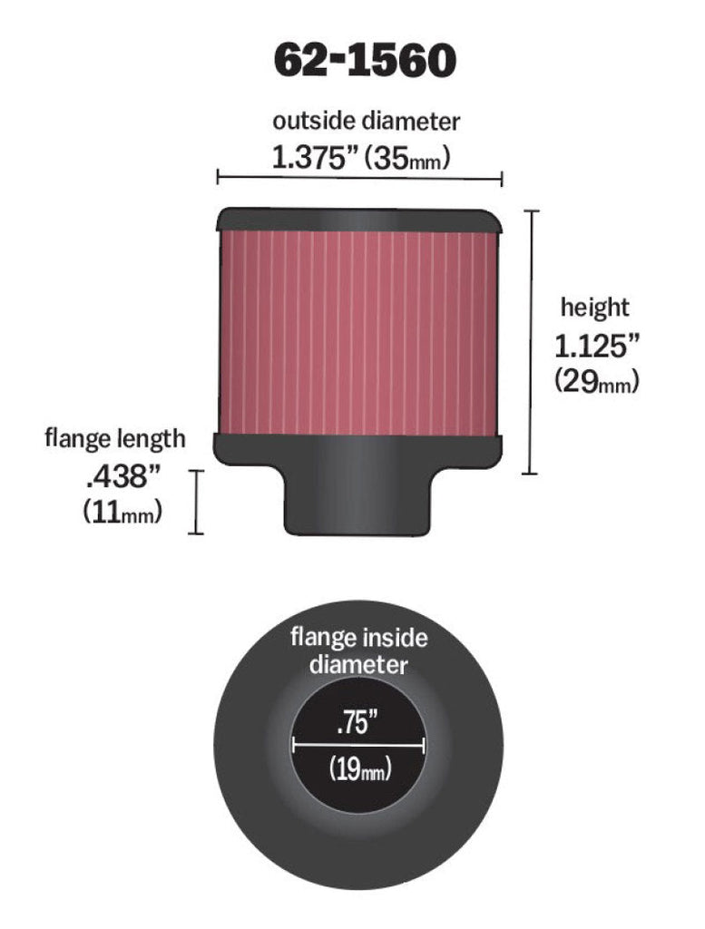 K&N 0.75 inch ID 1.375 inch OD 1.125 inch H Clamp On Crankcase Vent Filter K&N Engineering KNN62-1560