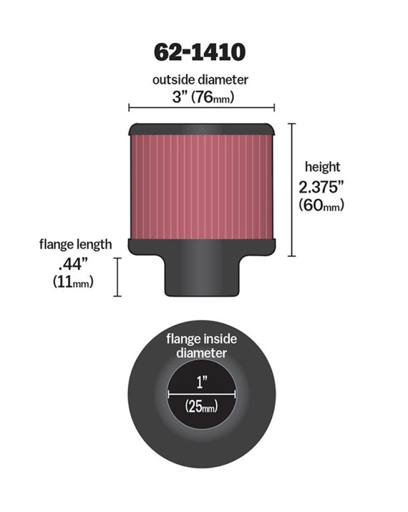 K&N 1 inch ID 3 inch OD 2.375 inch H Rubber Base Crankcase Vent Filter K&N Engineering KNN62-1410