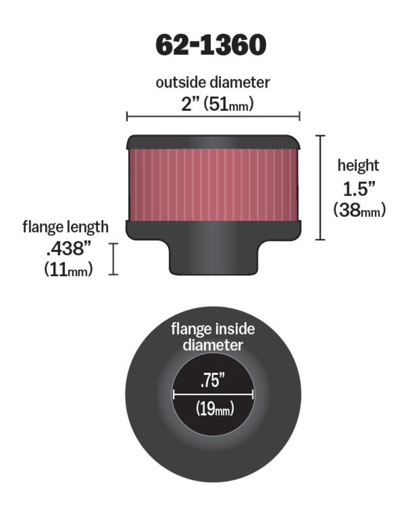 K&N 3/4 inch ID 2 inch OD 1.5 inch H Clamp On Crankcase Vent Filter K&N Engineering KNN62-1360