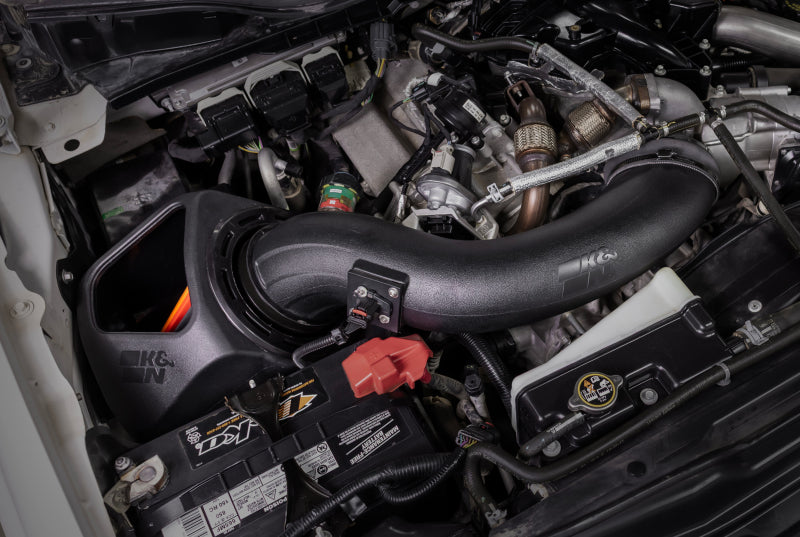 K&N 50-2600D cold air intake system installed on 2017-2019 Ford Super Duty 6.7L Power Stroke engine bay