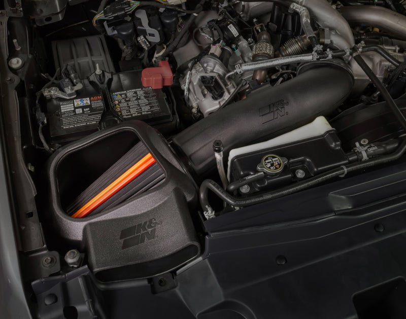 Close-up detail of K&N DryFlow performance air filter element for Ford 6.7L Power Stroke