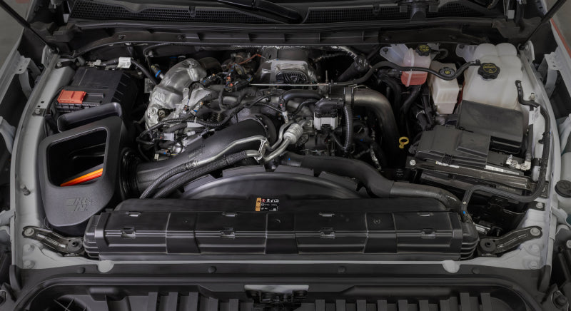 K&N 50-3119D cold air intake installed on 6.6L Duramax diesel engine bay