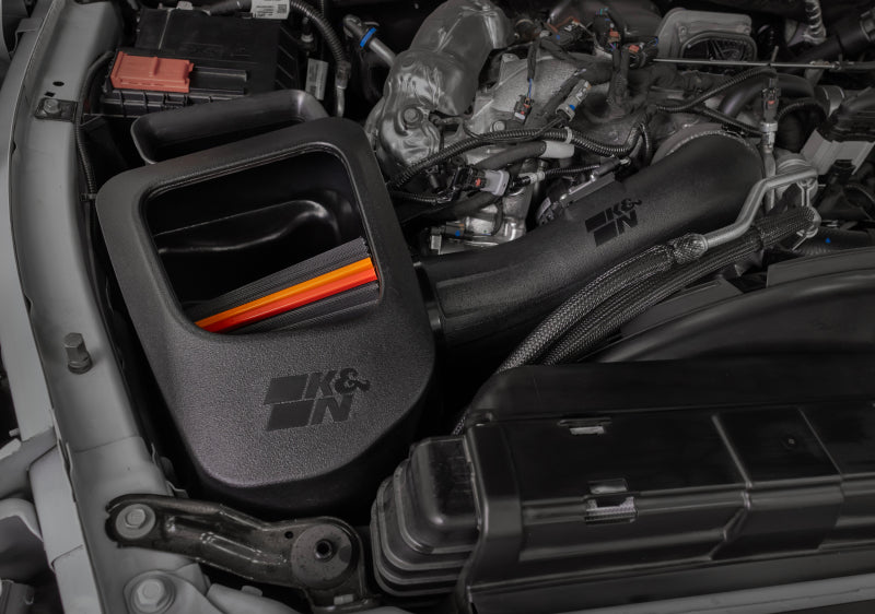 Close-up of K&N NextGen Dryflow high-flow air filter for 6.6L Duramax diesel