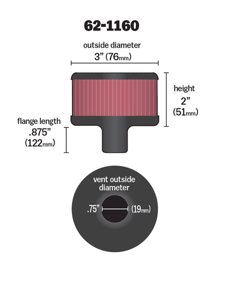 K&N Filter 3/4in Vent 3in Diameter 2in Height K&N Engineering KNN62-1160