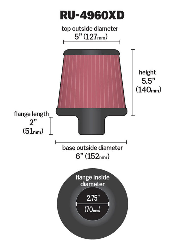 K&N Filter Universal Clamp-On Filter-Round Tapered 2.75in Flange ID x 6in Base OD x 5in Top OD K&N Engineering KNNRU-4960XD
