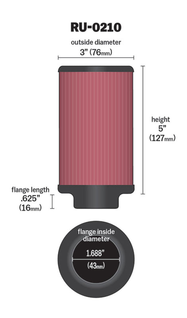K&N Filter Universal Rubber Filter 1-11/16in FLG / 3in OD / 5in Height K&N Engineering KNNRU-0210