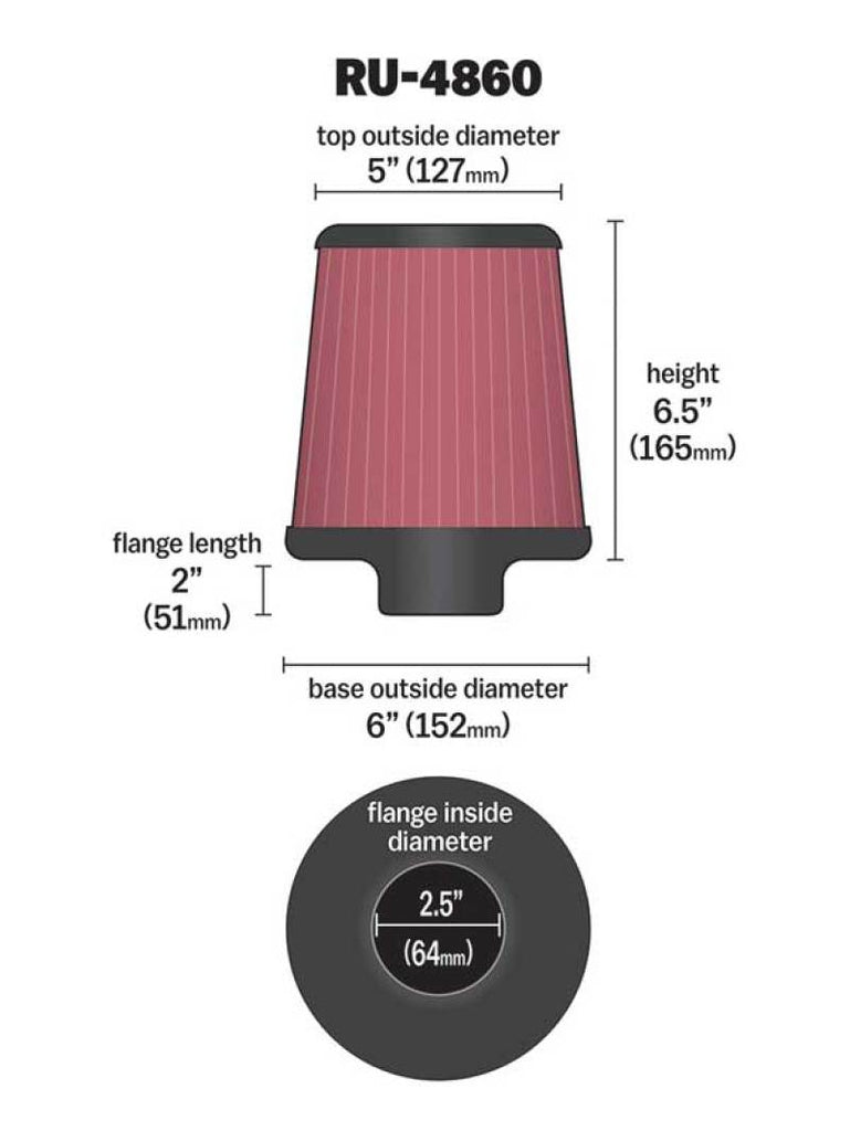 K&N Filter Universal Rubber Filter 2 1/2 inch Flange 6 inch Base 5 inch Top 6 1/2 inch Height K&N Engineering KNNRU-4860