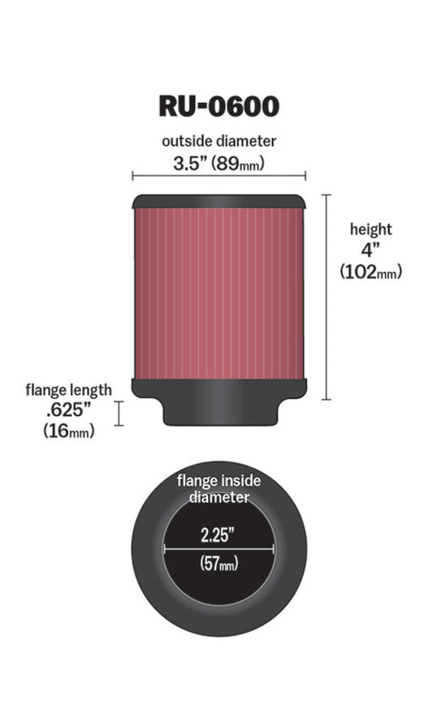 K&N Filter Universal Rubber Filter 2 1/4 inch Flange 3 1/2 inch OD 4 inch Height K&N Engineering KNNRU-0600