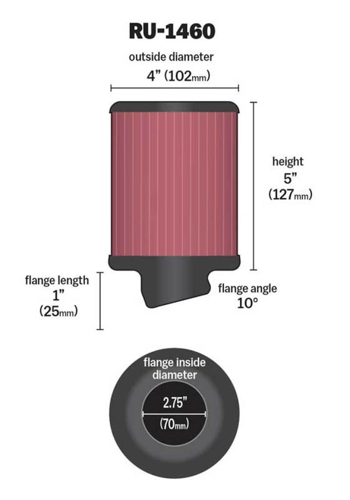 K&N Filter Universal Rubber Filter 2 3/4 inch 10 Degree Flange 4 inch OD 5 inch Height K&N Engineering KNNRU-1460