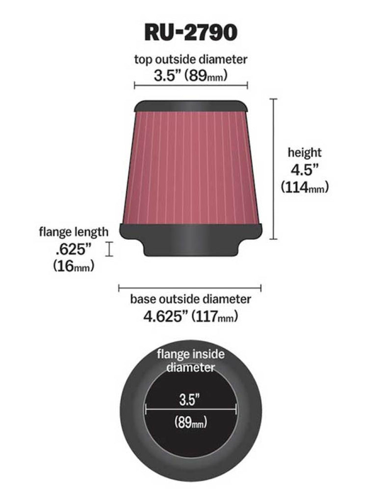 K&N Filter Universal Rubber Filter 3 1/2 inch Flange 4 5/8 inch Base 3 1/2 inch Top 4 1/2 inch Heigh K&N Engineering KNNRU-2790