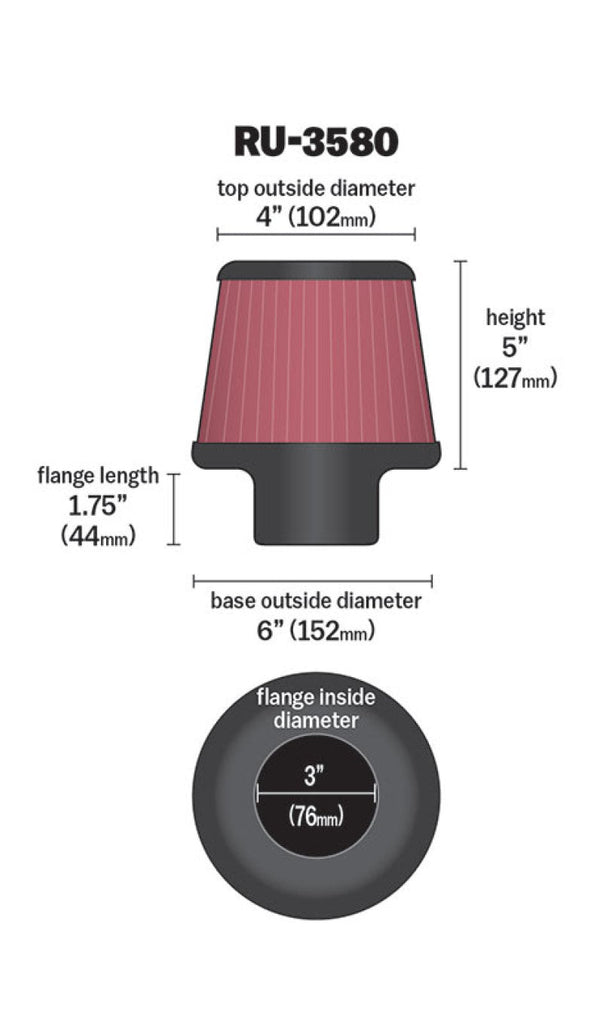 K&N Filter Universal Rubber Filter 3 Inch Flange 6 inch Base 4 inch Top 5 inch Height K&N Engineering KNNRU-3580