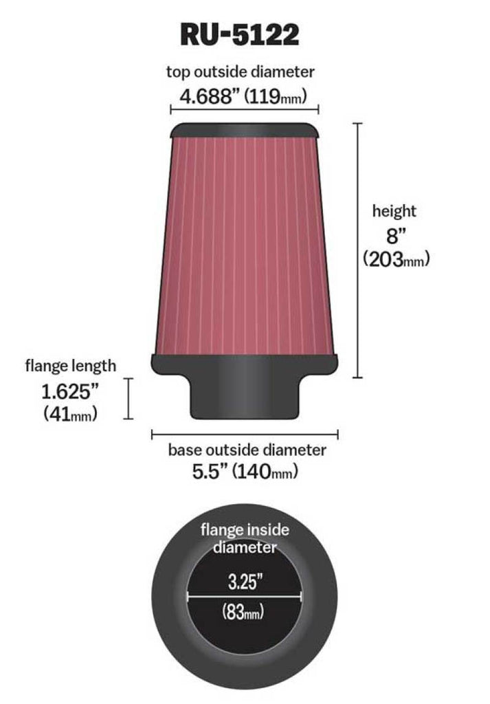 K&N Filter Universal Rubber Filter 3.25 Flange 5.5 Base 4.6875 Top 8 Height K&N Engineering KNNRU-5122