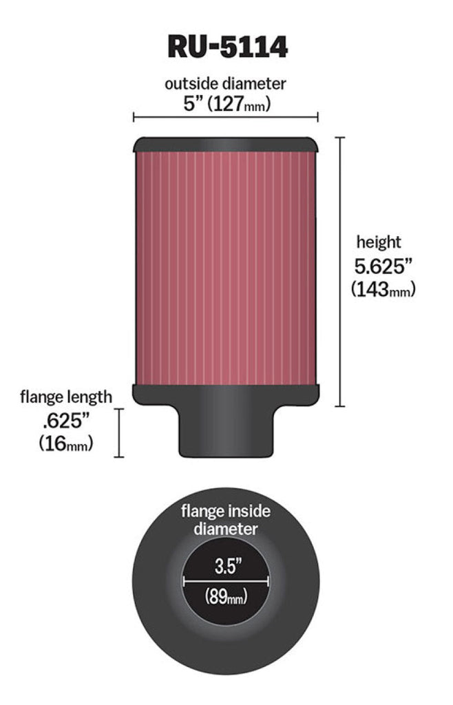 K&N Filter Universal Rubber Filter 3.5in Flange ID x 5in OD x 5.625in H K&N Engineering KNNRU-5114