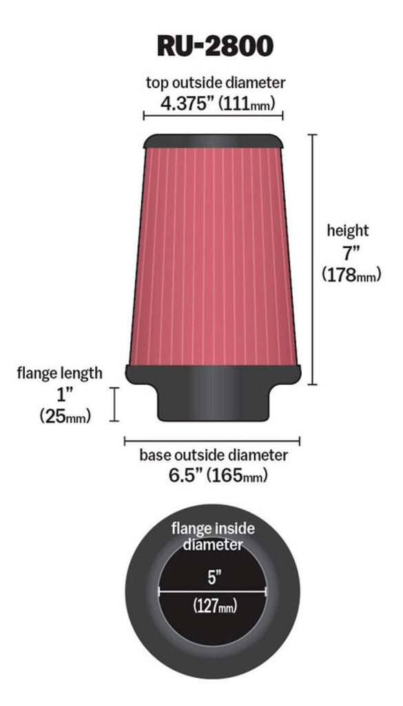 K&N Filter Universal Rubber Filter 5 inch Flange 6 1/2 inch Base 4 3/8 inch Top 7 inch Height K&N Engineering KNNRU-2800