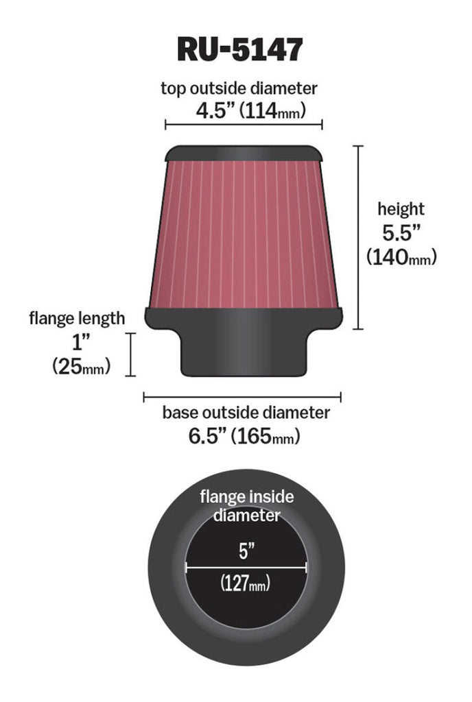 K&N Universal Clamp-On Air Intake Filter: High Performance, Premium, Washable, Replacement Air Filter: Flange Diameter: 5 In, Filter Height