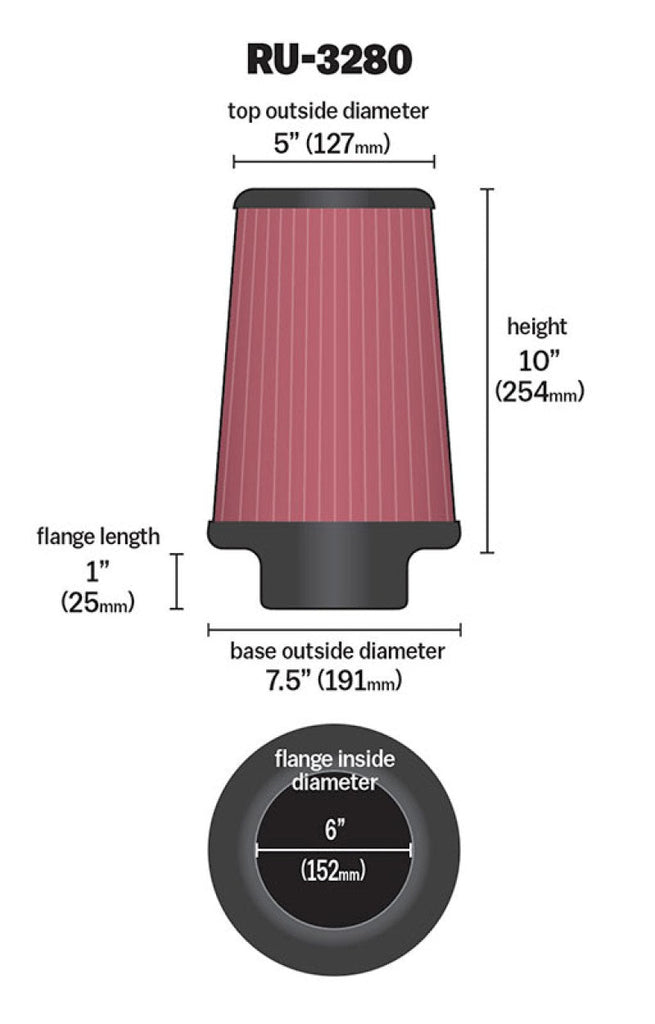 K&N Filter Universal Rubber Filter 6 inch Flange 7.5 inch Base 5 inch Top 10 inch Height K&N Engineering KNNRU-3280