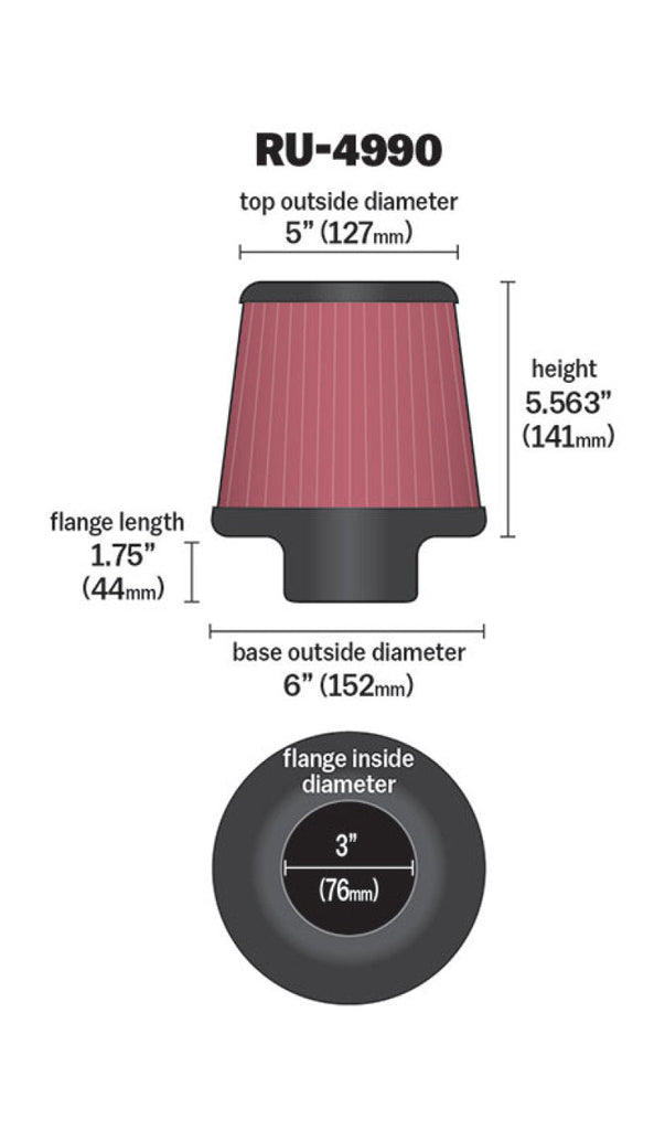 K&N Filter Universal Rubber Filter-Rd Tapered 3in Flange ID x 6in Base OD x 5in Top OD x 5.563in H K&N Engineering KNNRU-4990