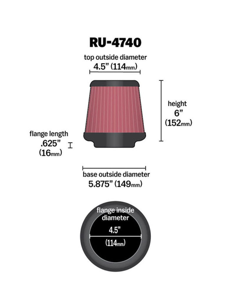 K&N Filter Universal Rubber Filter Round Tapered 4.5in Flange 5.875in Base 4.5 inch Top 6in Height K&N Engineering KNNRU-4740