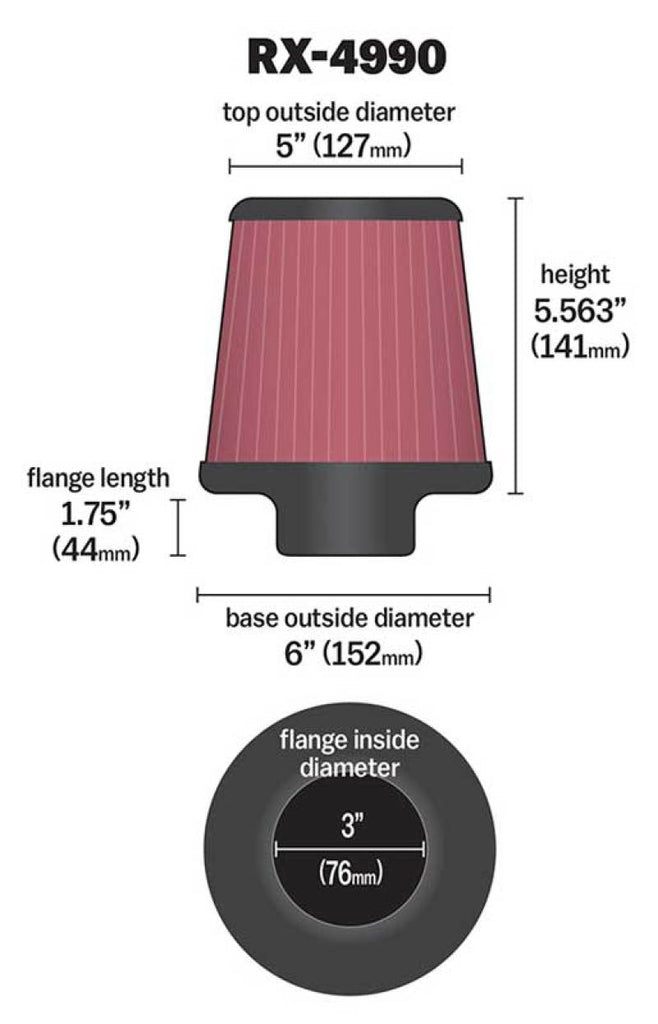 K&N Filter Universal X Stream Clamp-On 3 inch Flange 6 inch Base 5 inch Top 5 9/16 inch Height K&N Engineering KNNRX-4990