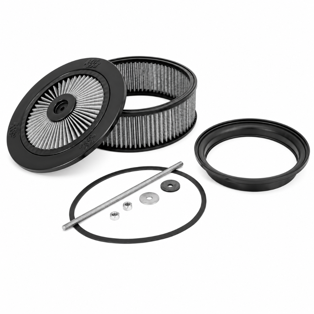 K&N KNN66-3330R mounting hardware including top plate, gasket, spacer, and retaining components