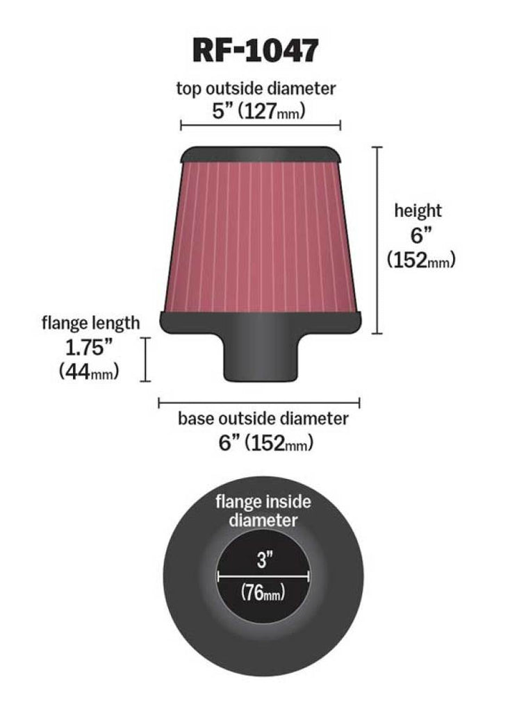 K&N Round Tapered Universal Air Filter 3 inch Flange 6 inch Base 5 inch Top 6 inch Height K&N Engineering KNNRF-1047