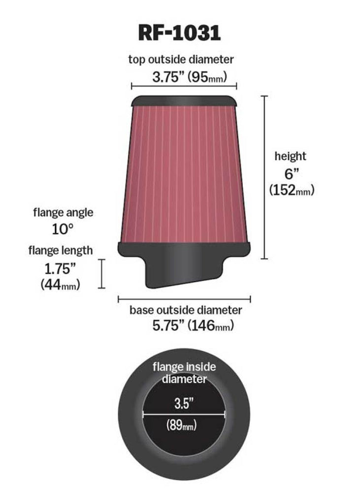 K&N Round Tapered Universal Air Filter 3.5in Flange ID / 5.75in Base OD / 3.75in Top OD / 6in H K&N Engineering KNNRF-1031