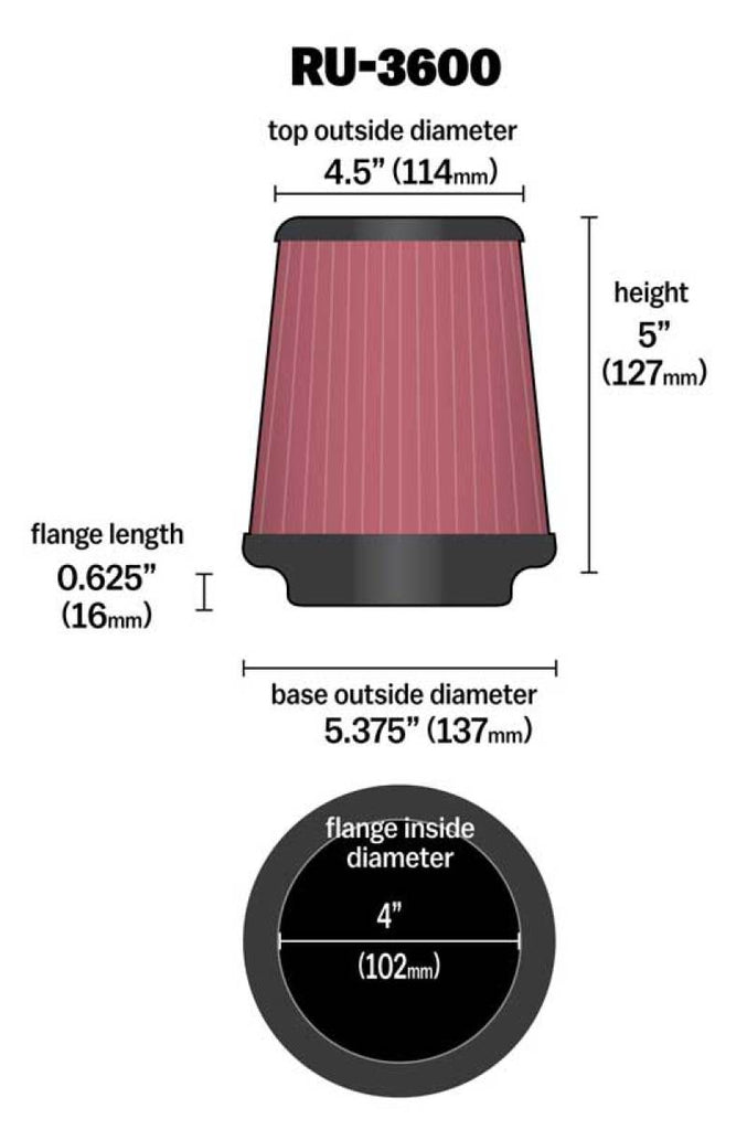 K&N Universal Air Filter 4in Flange / 5-3/8 in Base / 4-1/2in Top / 5in Height K&N Engineering KNNRU-3600
