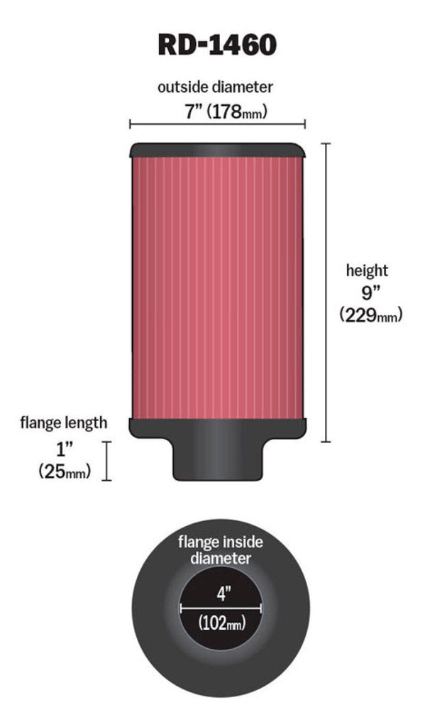 K&N Universal Air Filter 4in Flange ID 7in OD 9in Height K&N Engineering KNNRD-1460
