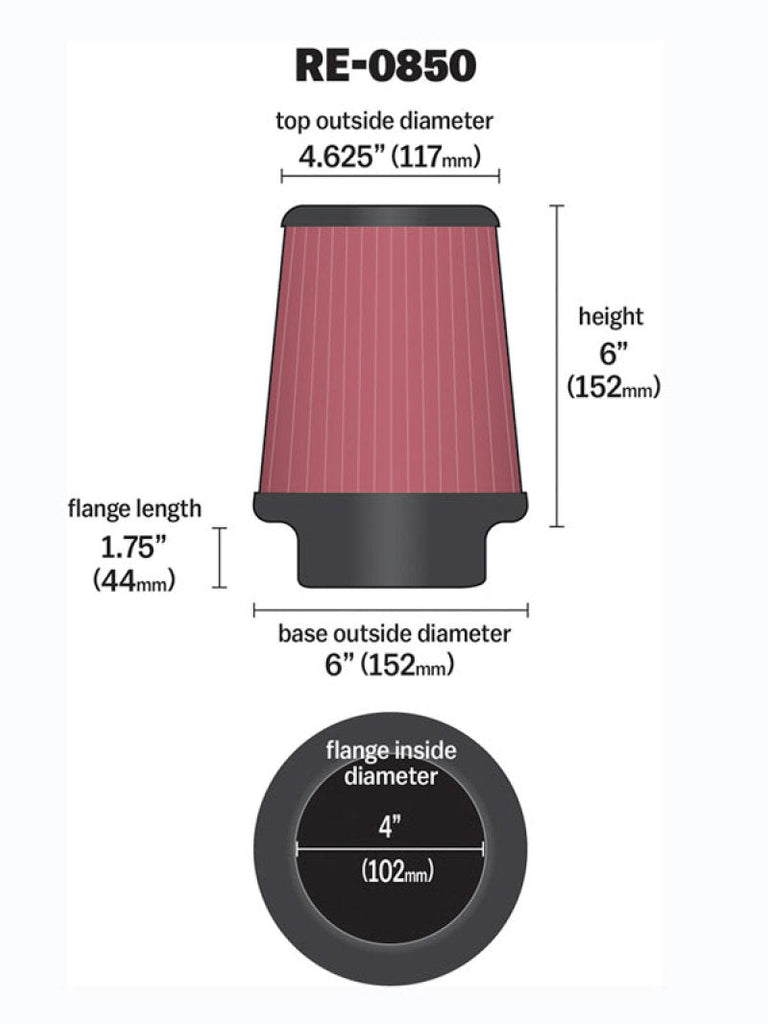 K&N Universal Air Filter (4in. Flange / 6in. Base OD / 4-5/8in. Top OD / 6in. Height) K&N Engineering KNNRE-0850