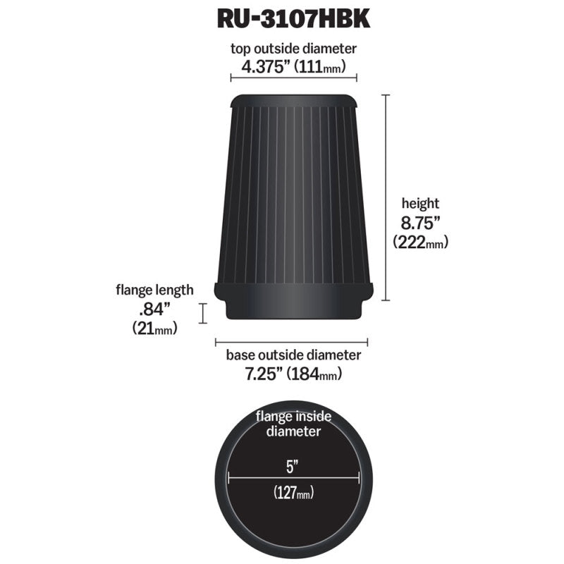 K&N Universal Air Filter (5in Flange / 6-1/2in Base / 4-3/8in Top OD / 8-3/4in Height) K&N Engineering KNNRU-3107HBK