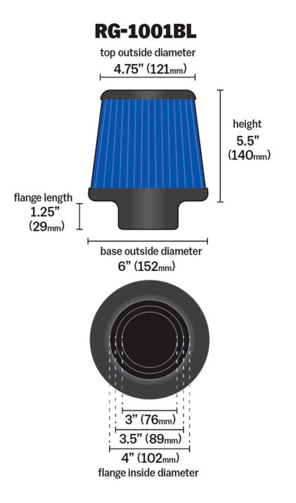K&N Universal Air Filter Chrome Round Tapered Blue - 4in Flange ID x 1.125in Flange Length x 5.5in H K&N Engineering KNNRG-1001BL
