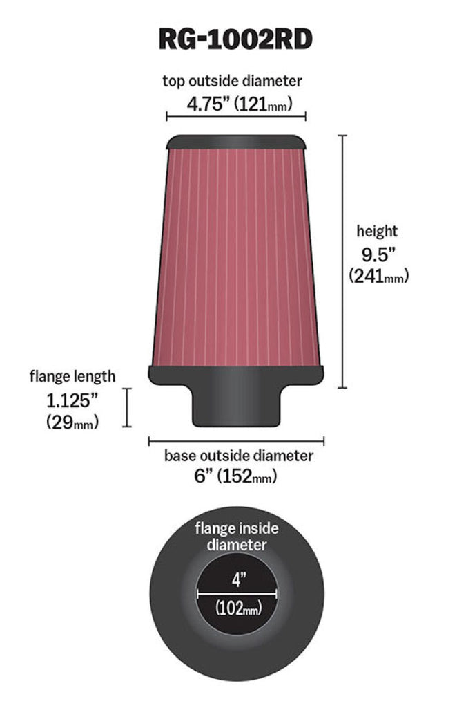 K&N Universal Air Filter Chrome Round Tapered Red - 4in Flange ID x 1.125in Flange Length x 9.5in H K&N Engineering KNNRG-1002RD