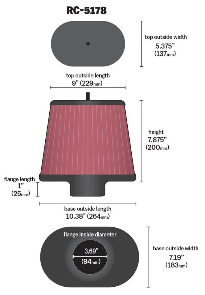 K&N Universal Air Filter - Oval Straight - 3.688in Flange ID x 10.25in Base O/S Length x 7.875in H K&N Engineering KNNRC-5178