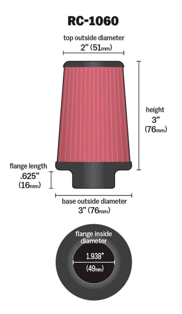 K&N Universal Chrome Filter 1 15/16 inch FLG / 3 inch Base / 2 inch Top / 3 inch Height K&N Engineering KNNRC-1060