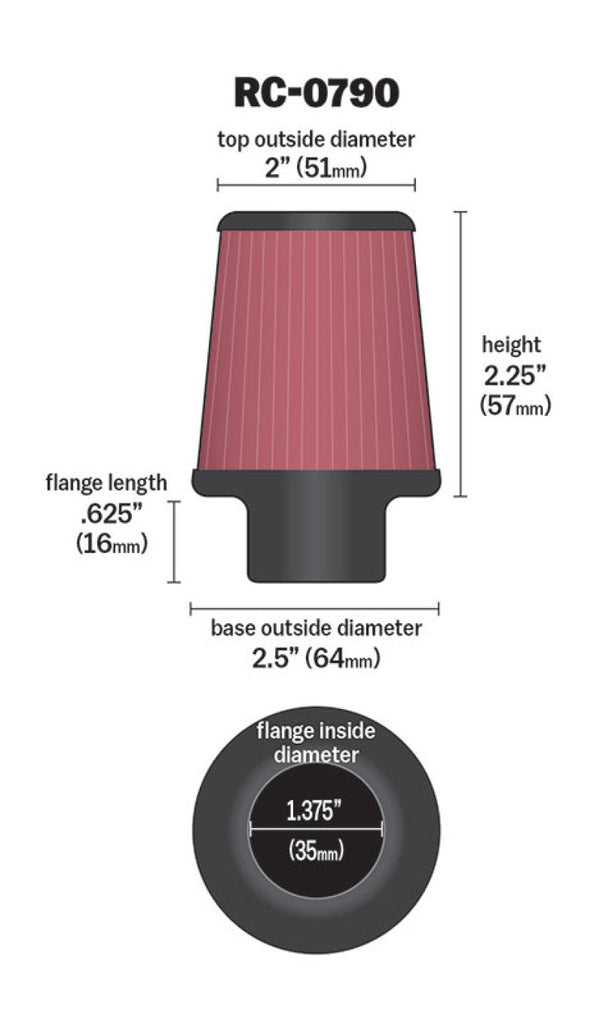 K&N Universal Chrome Filter 1 3/8 inch FLG / 2 1/2 inch Base / 2 inch Top / 2 1/4 inch Height K&N Engineering KNNRC-0790