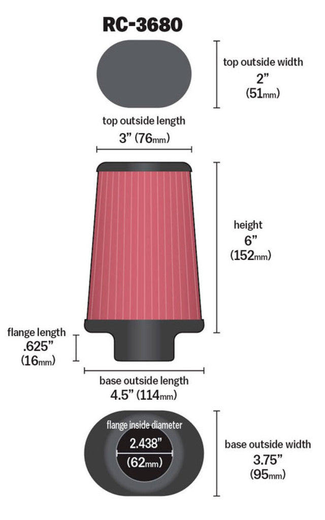 K&N Universal Clamp-On Air Filter 2-7/16in Flange 4-1/2x3-3/4in Base 3x2in Top 6in Height K&N Engineering KNNRC-3680