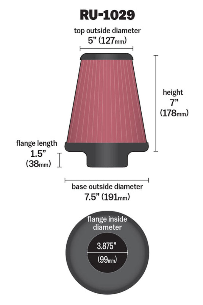 K&N Universal Clamp-On Air Filter 3-7/8in FLG / 7-1/2in B / 5in T / 7in H K&N Engineering KNNRU-1029