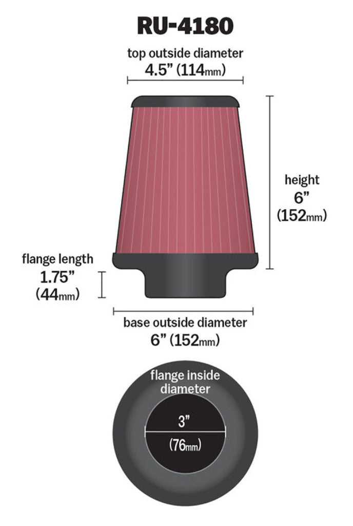 K&N Universal Clamp-On Air Filter 3in FLG / 6in B / 4-1/2in T / 6in H K&N Engineering KNNRU-4180
